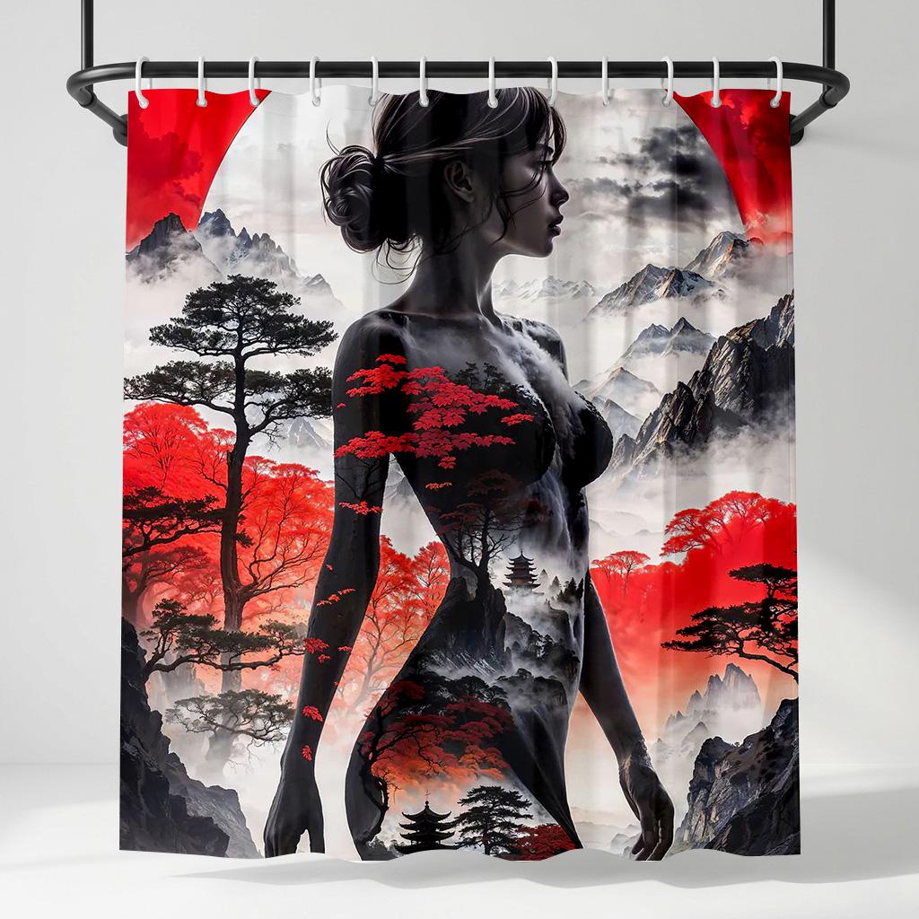 

Double Exposure Woman Landscape Shower Curtain, Red Maple Zen Mountain Nature Bath Decor, Surreal Fantasy Art Bath Curtain W60H190(CM)-1 Pcs