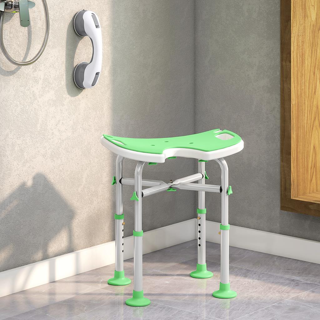 Shower Stool, Adjustable Height 39-51.5 cm, Suction Cup Support Bar, Suction Cup Pads, Green