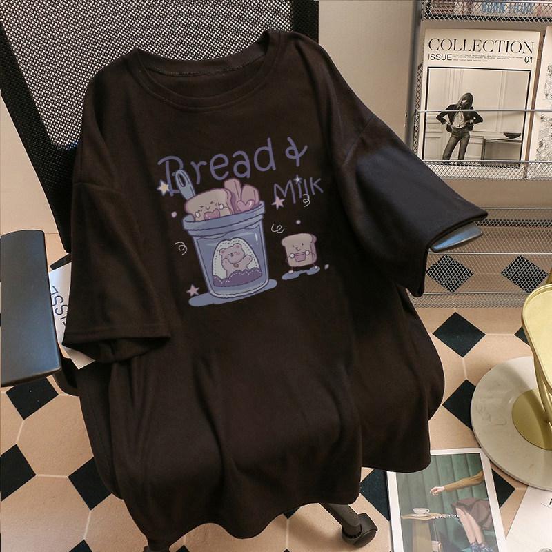 Japanese Cute Plus Size Purple Printed Cotton T-Shirt for Women - Loose, Short Sleeve, Summer Style