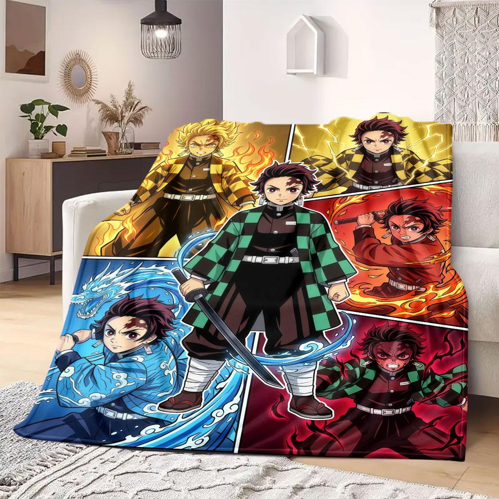 Demon Slayer Fancy Cartoon Flannel Blanket, Print Design for Home, Soft Comfortable Throw for Couch and Outdoor Picnic_LIAN