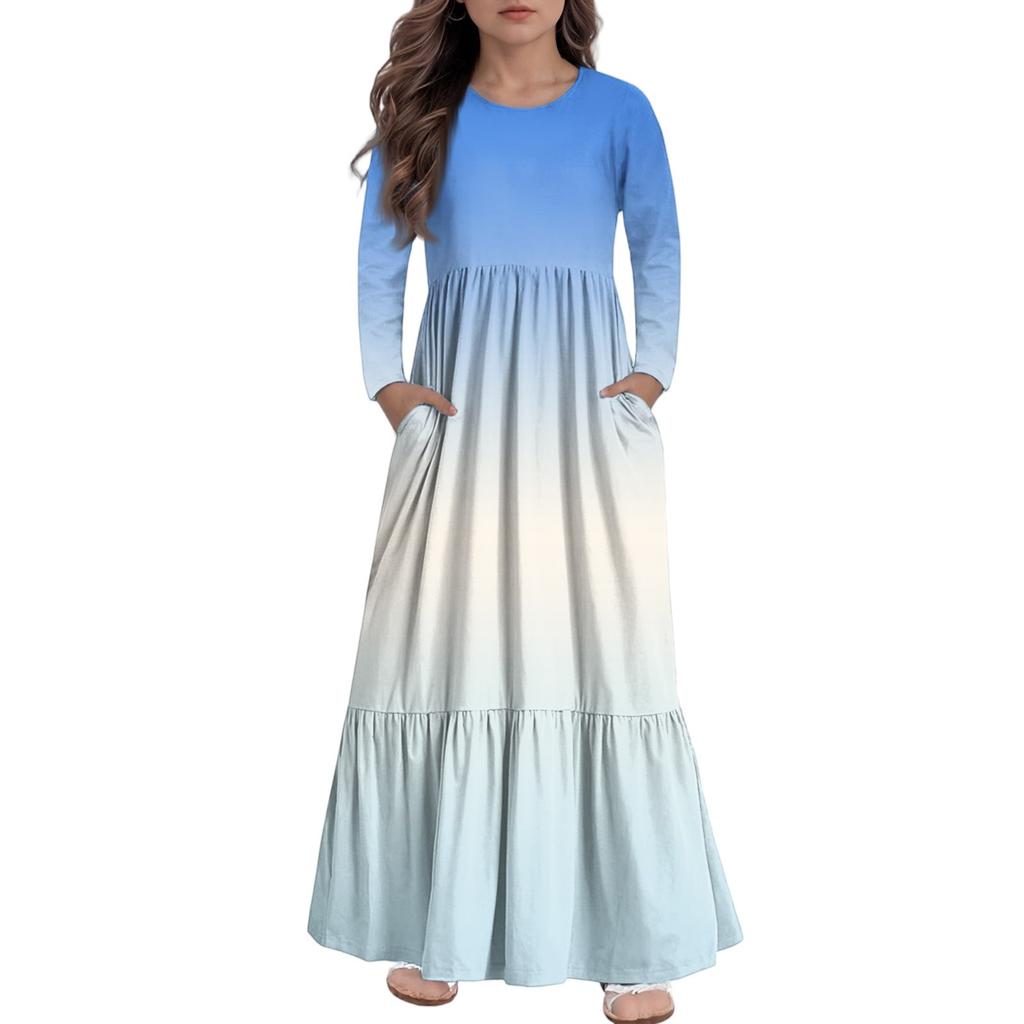 Girls' Maxi Dress Casual Holiday Dresses - Long Sleeve Dress With Pockets For 4-14Y