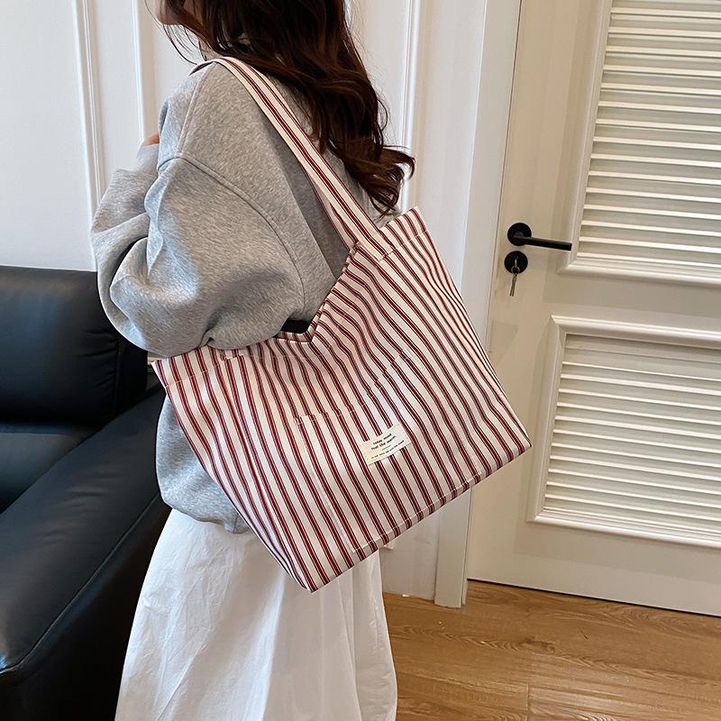 Large Capacity Tote Bag French Striped Canvas Bag New Summer Versatile Women's Bag Light Commuter Shoulder Bag