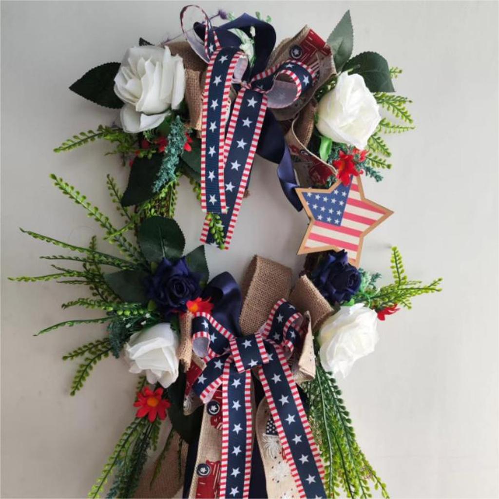 American Independence Day Simulation Wreath Door Hanging Holiday Window Decoration Bow Knot Rattan Circle Pendant