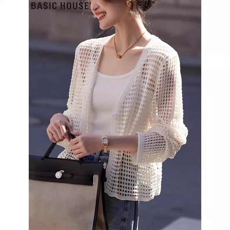 Basic House Women s V-neck Hollow-out Knit Cardigan M