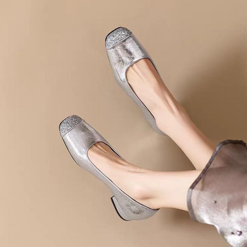2026 New Casual Women Silk Square Middle Heels Shallow Lady Fashion Wedding Bridal Square Toe High Quality Women Pumps
