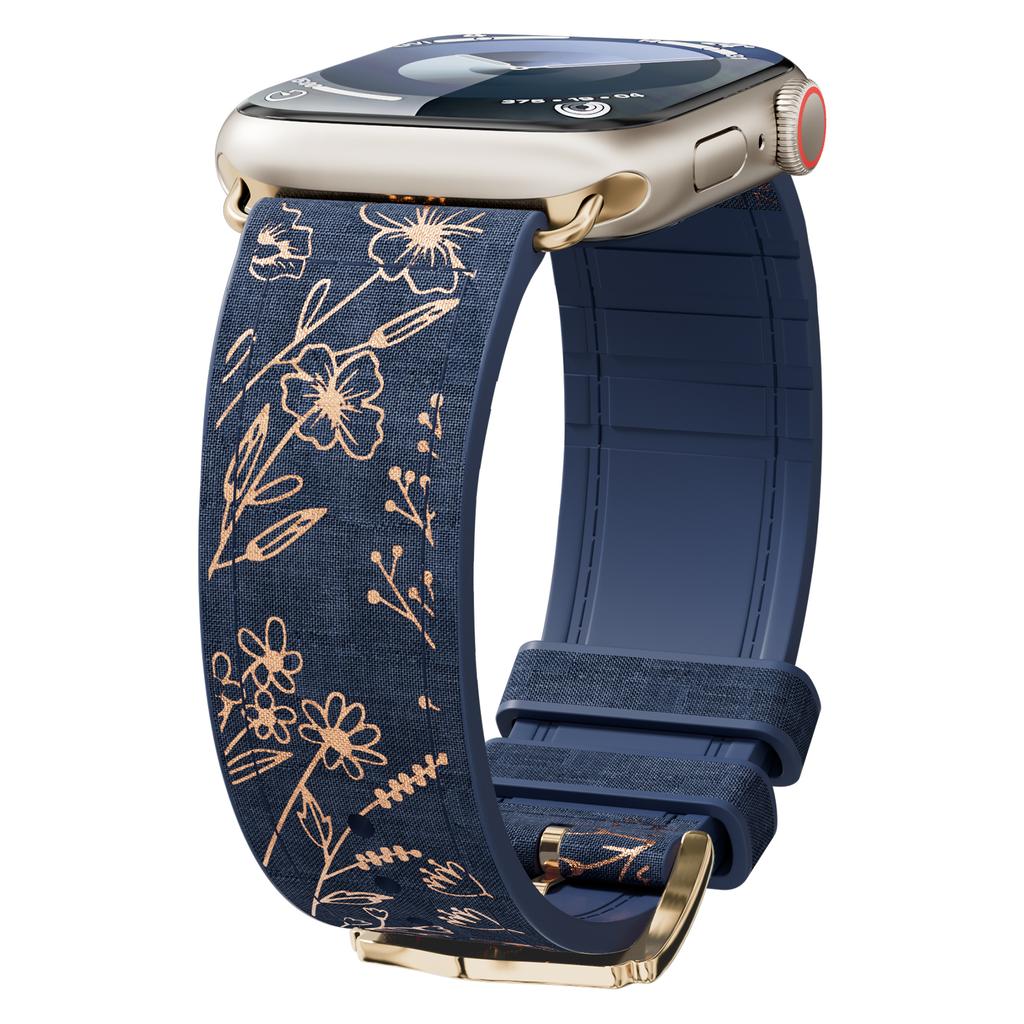 Leather+Silicone for Apple Watch Band 45mm 44mm 40mm 49mm 41mm 38mm Glossy Floral Bracelet Iwatch Series 9 8 7 Se Ultra 2 Strap