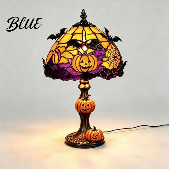 Fall Seasonal Display Halloween Pumpkin Bat Table Lamp Stained Glass Reading Light Gothic Decor Cozy Nightstand Light for Bedroom Bookshelf Unique