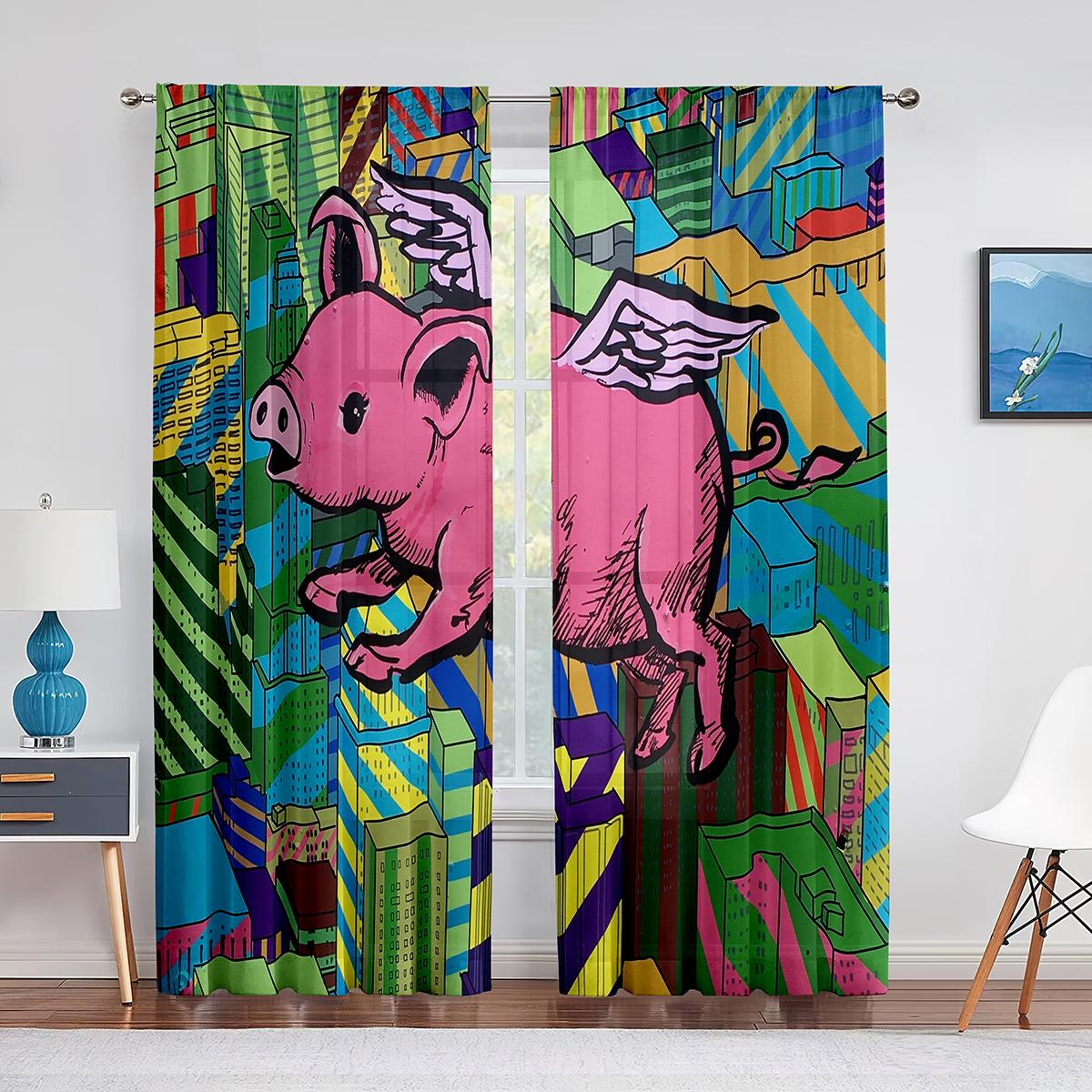 

Забавный мультяшный поющий поросенок, винная бочка, прозрачная вуаль, шторы для гостиной, спальни, тюлевые шторы, кухонное окно, украшение дома 1 PCS W100XH250cm&Grommet Top