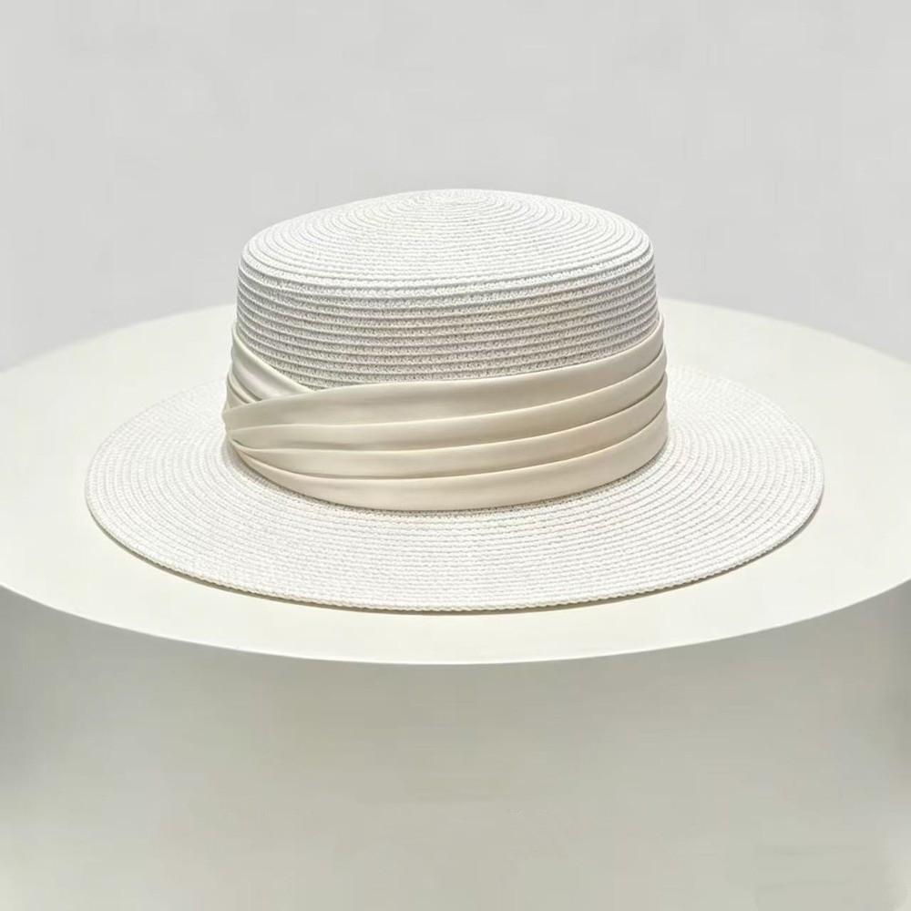 Fashion Wide Brim Summer Sun Hats UV Protection Ribbon Decor Flat Top Hat Versatile Adjustable Beach Hats for Women