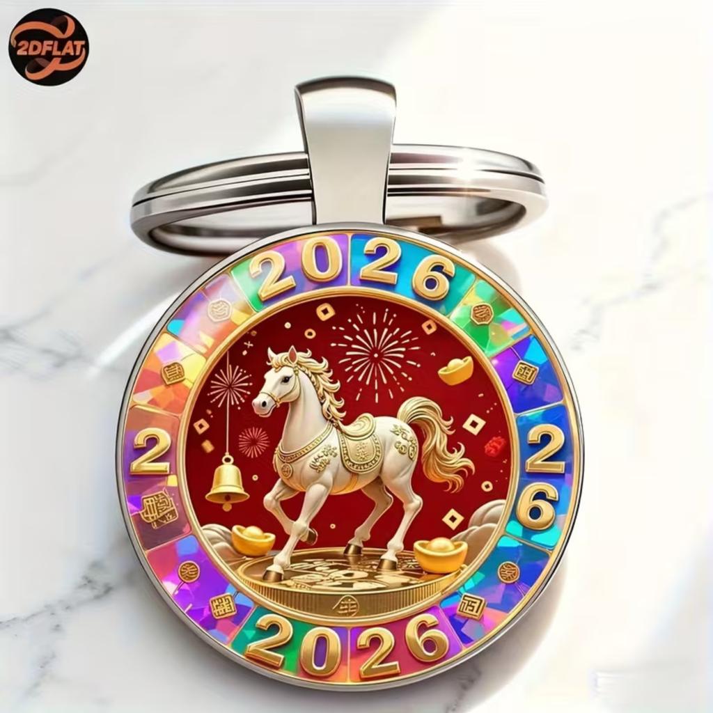 Round Metal Keychain Pendant Alloy Material with 2026 Horse Design Decorative Key Ring for Bag Car Keys Office Home Use