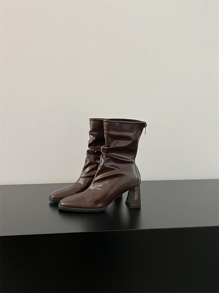 2025 new spring and autumn square head thick heel temperament French high heel elastic thin boots British style pleated stacking boots women