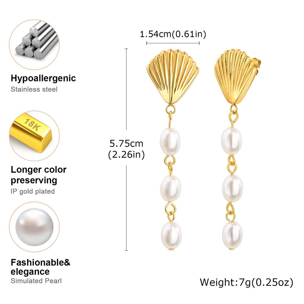 Stainless Steel Shell Earring for Women Scallop Imitation Pearl Earrings Metal Attractive Jewelry