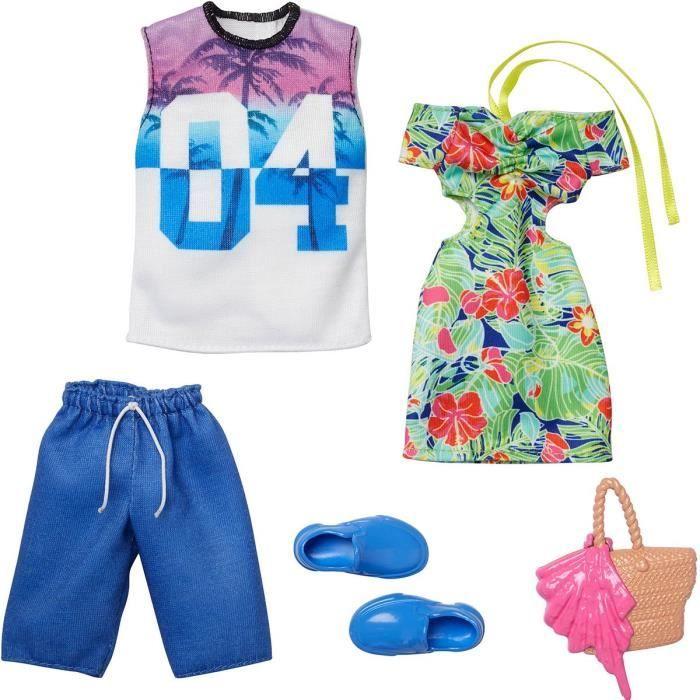 Barbie et Ken Tropical Fashion Pack - HBV72 - Ensemble de 2 Tenues - robe tropicale + sac pour Barbie, maillot + short de bain pour