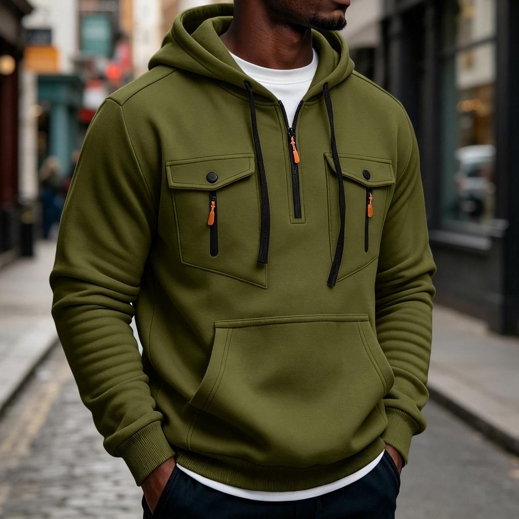 Men's Multi-Pocket Hoodie - Utility Hooded Sweatshirt