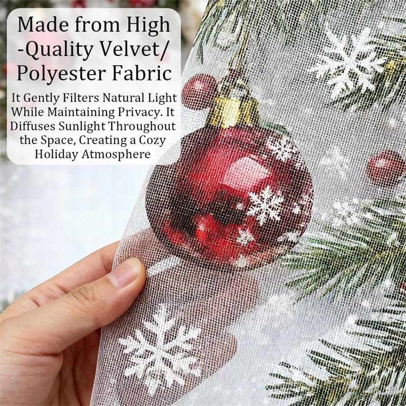 Christmas Ball Holiday Printed Curtains, 2 Pieces 2D Flat Printed Red Luxury Xmas Print Curtains with Snowflakes for Holiday Party Decor