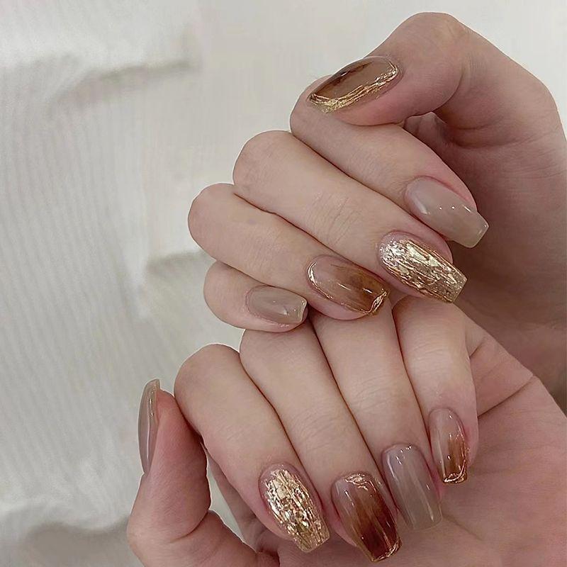 

Maple Leaf Hand-Worn Nail Fancy Finished Product White Blooming Mica Film Gold Cat Eye Magic Mirror Short Nail Stickers M code gold foil caramel