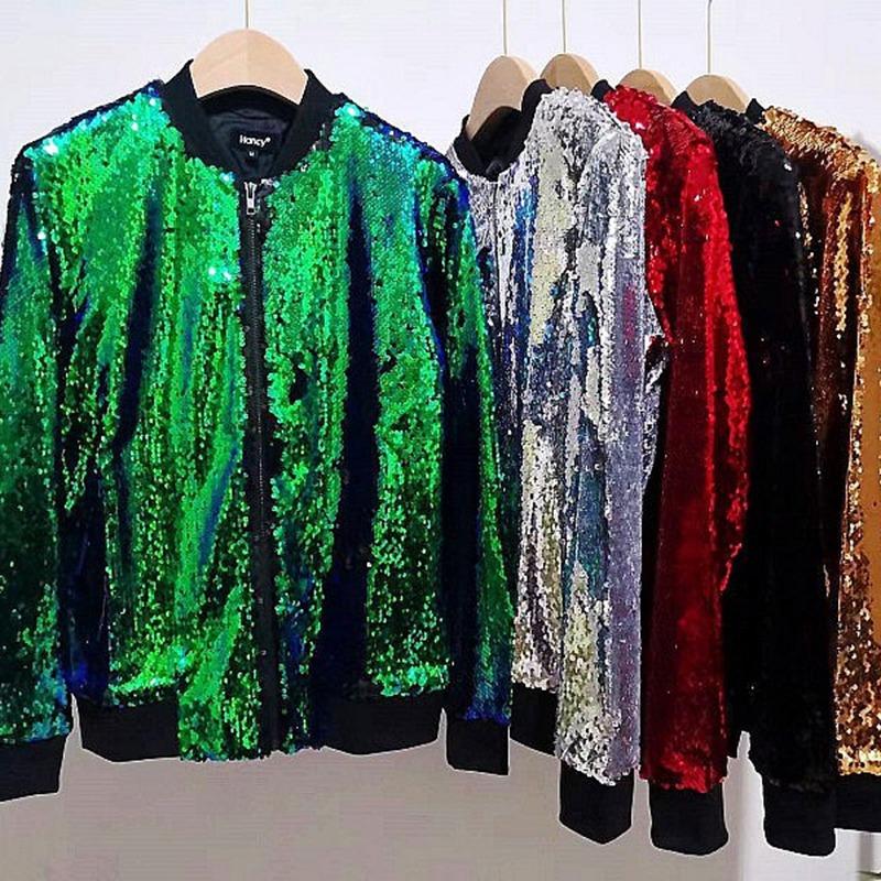 Women's Autumn Shiny Sequin Jacket Long Sleeve Front Zip Loose Coat Ribbed Cuffs Elegant Glitter Outerwear