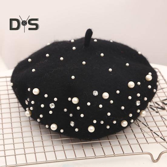 Baskenmütze für Damen, Kunstperlen, Strass-Dekor, Vintage-Wollmütze im englischen Stil, ohne Krempe, einfarbig, verstellbare Träger, Kürbismütze