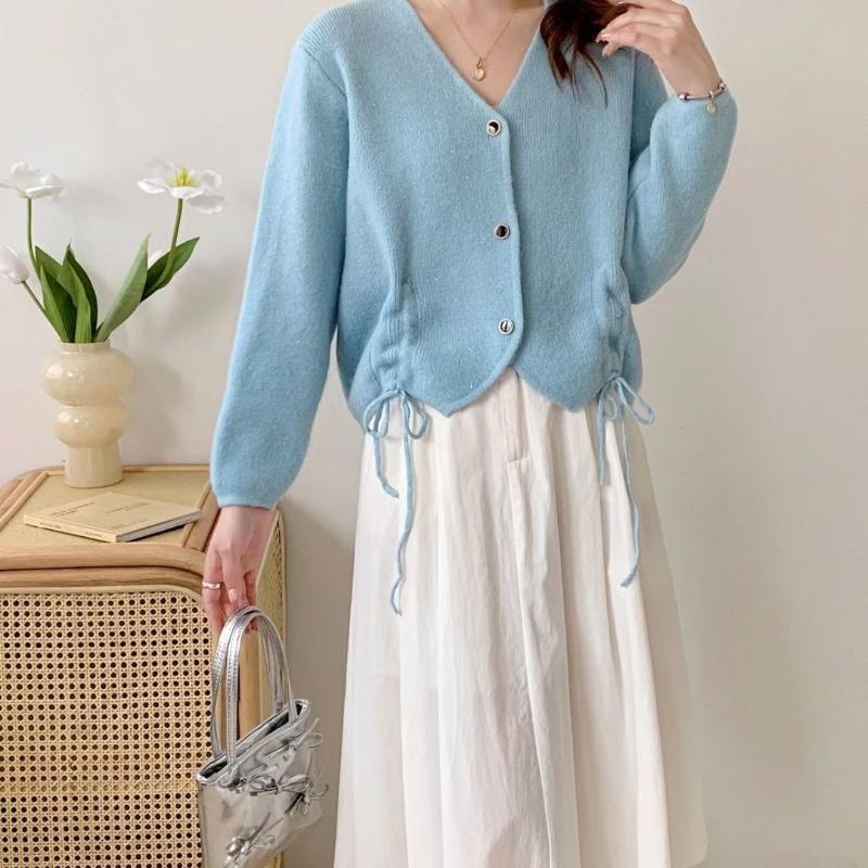 

Ленивый фиолетовый вязаный кардиган с V-образным вырезом женский топ весна-осень новый стиль маленький свитер куртка one size небесно-голубой