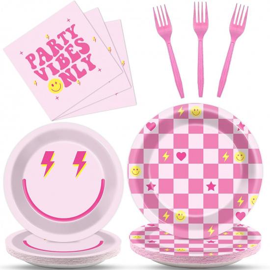 96Pcs Preppy Party Supplies Pink Smile Face Paper Plates Napkins Preppy Smile Face Party Tableware Set Preppy Smile Face Dinnerware for Birthday
