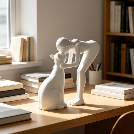 3D Printed Minimalist Woman Petting Cat Figurine Black White Love Statue Modern Art Sculpture for Desk Shelf Home Decor Creative Gift for Couples