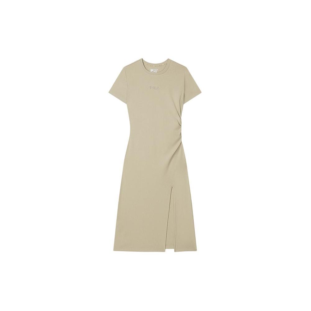 Fila Original Solid Color Fashion Casual Simple Breathable Split Slim Round Neck Pullover Short Sleeve Dress Women Dresses Light-Khaki F51W429302F-LK