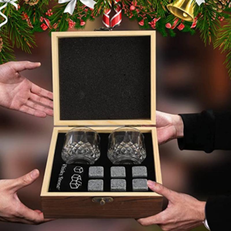 Whiskey Stones And Whiskey Glass Gift Set Of 4, For Men | Father's Day, 6 Granite Whiskey Stones, 2 Whiskey Glasses,1 Wooden Box