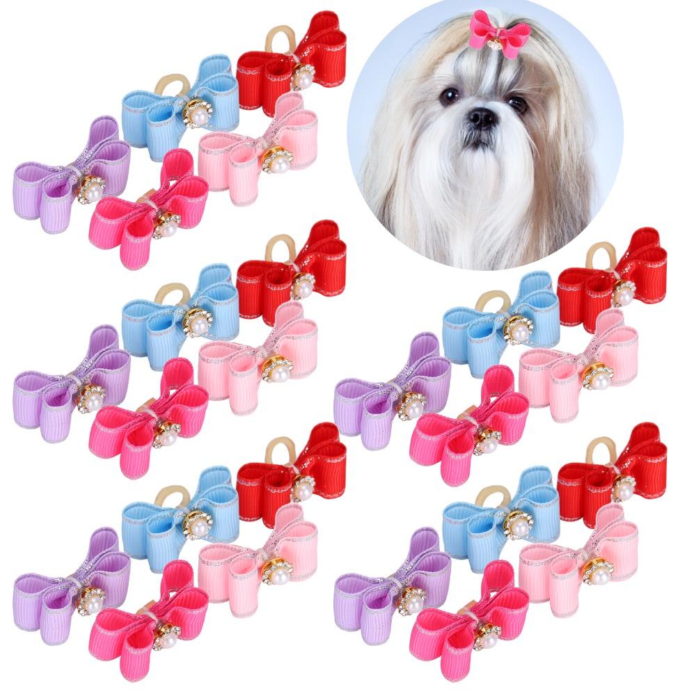 25Pcs Flat Shape Dog Bow Tie Elastic Band Pet Hair Band Reusable Pet Pearl Ornament Party Dress Up