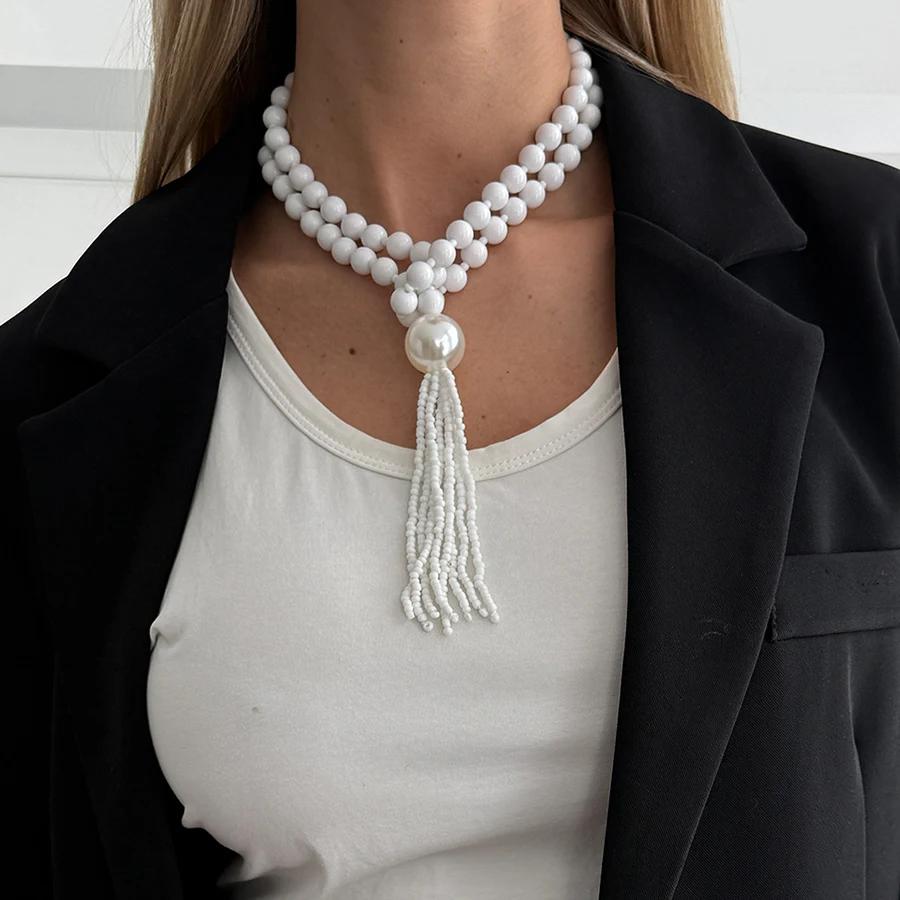 Bohemian Beaded Fringe Necklace Women Layered Luxury Elegant Long Round Bead Collarbone Chain Accessory Vacation Party Wear Gift