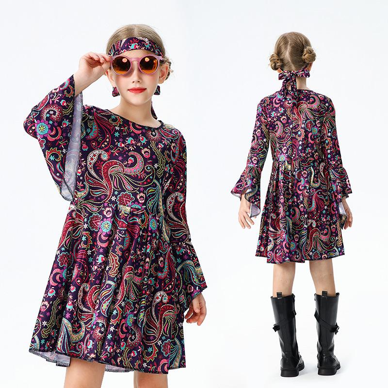 Halloween Kids Costume Little Girl Funny Vintage Hippie Kids Costume Table Performance Costume Dress