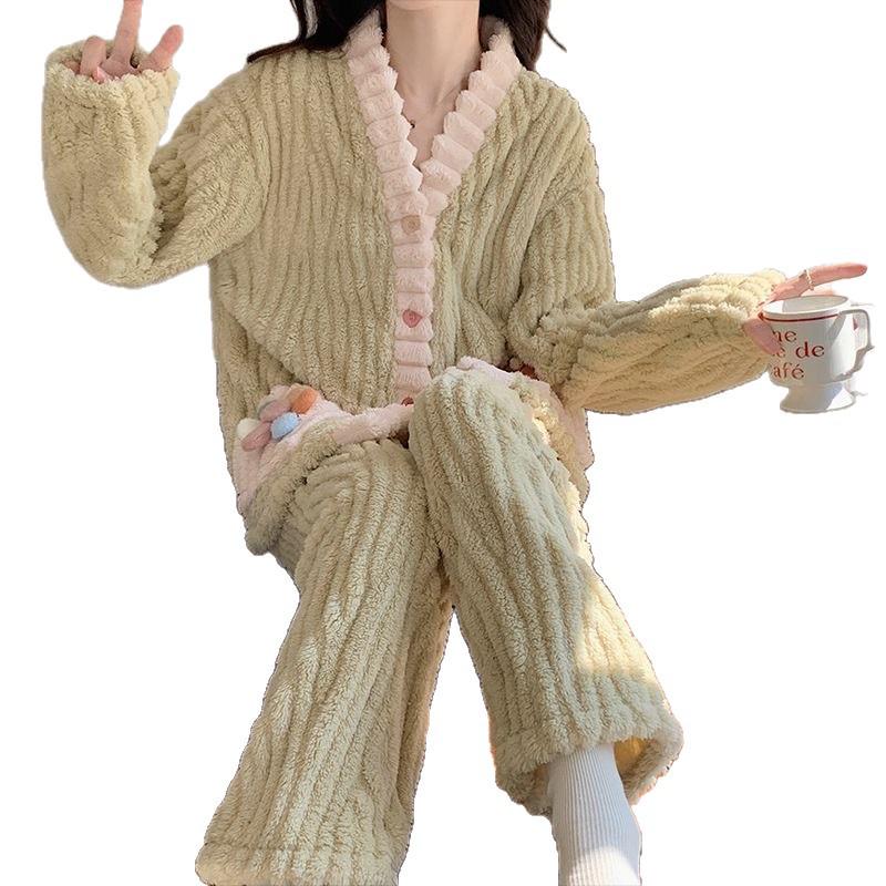 Women's Rainbow Pajama Set: Warm Flannel Bathrobe & Sweet Button Casual Homewear for Autumn/Winter, Suitable for Outdoors