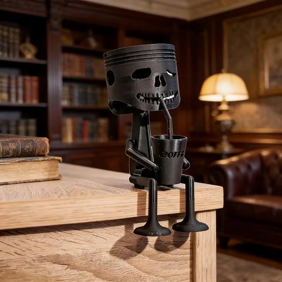 3D Printed Coffee Drinking Desk Sculpture Hanging Skull Ornament Matte Black Edge Design for Office Desks Coffee Corners Stress Relief Gift Decor