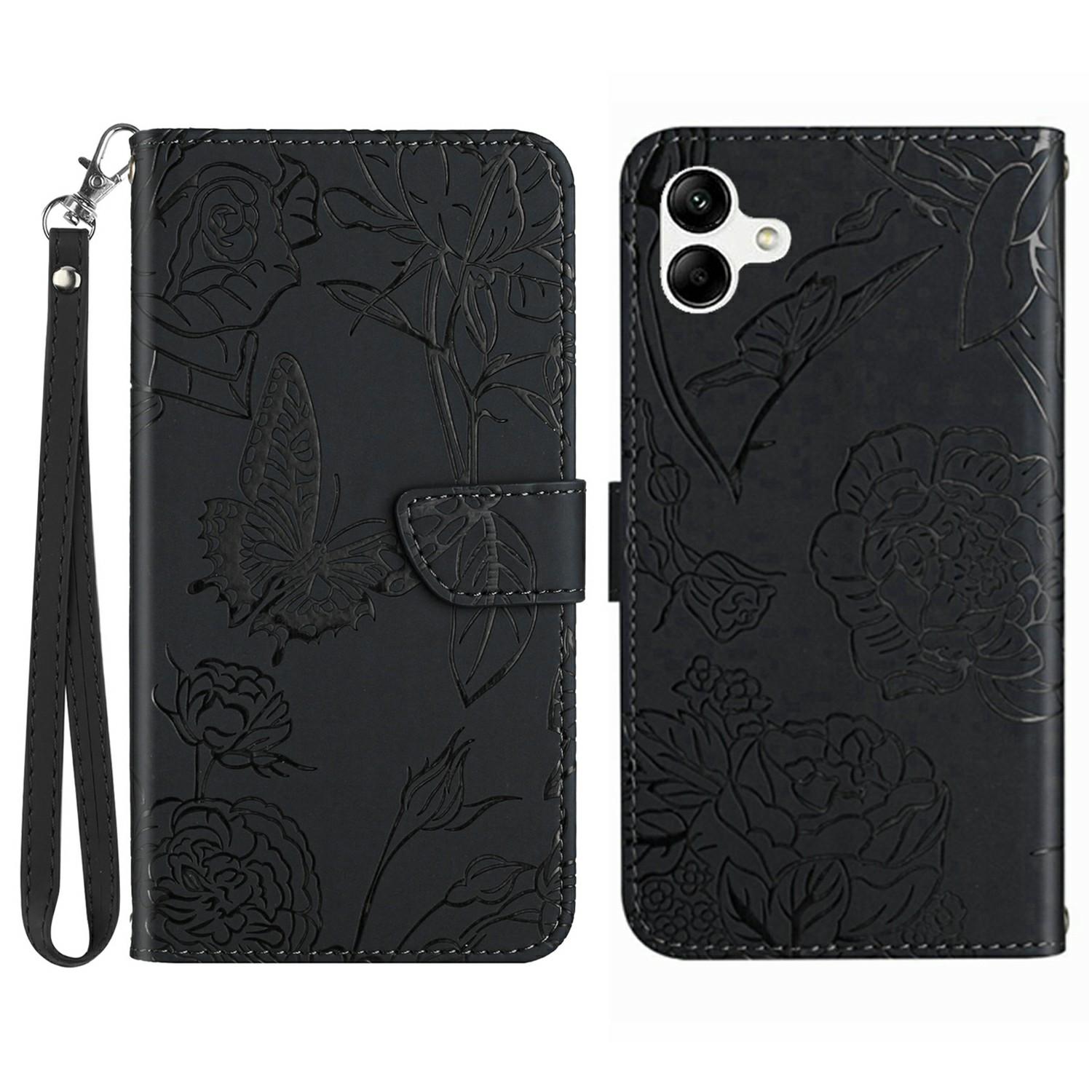 

Чохол для Samsung Galaxy A06 5G Шкіряний чохол для телефону з ремінцем, з тисненням у вигляді метелика та квітки Black