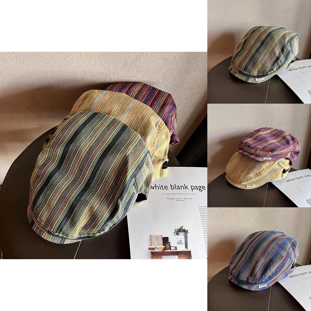 Vintage Striped Cotton Duckbill Cap With Adjustable Fit For Casual Spring Autumn Wear