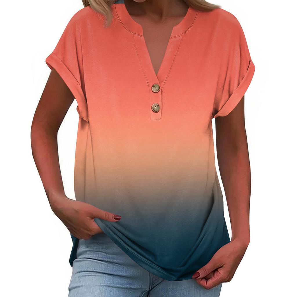 Women's Fashionable Casual Loose-Fit Short-Sleeved Button-Up V-Neck Printed T-Shirt Top