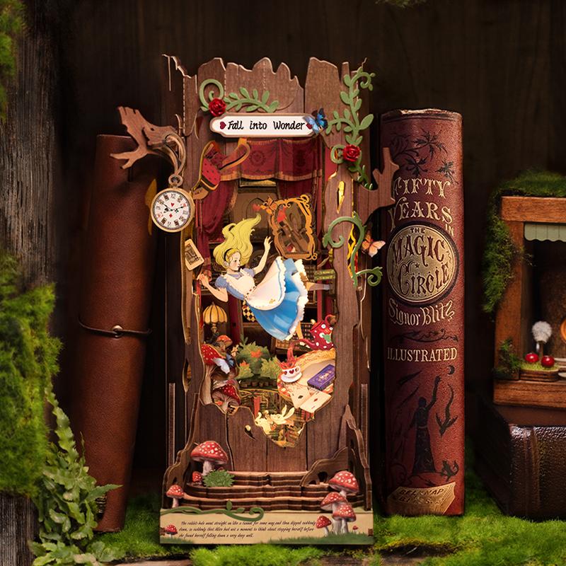 Robotime Rolife Book Nook Kits Fall into Wonder DIY Booknook with Lights Miniature House Kit Puzzle Bookend Bookshelf Decor Gift