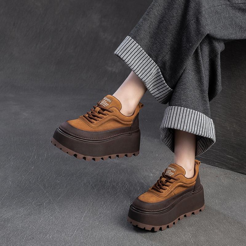 Fashion 6.5CM Women Mixed Colors Height Increasing Shoes Spring Autumn Cow Genuine Leather Round Toe Wedges Heel Platform Nop-slip Shoes