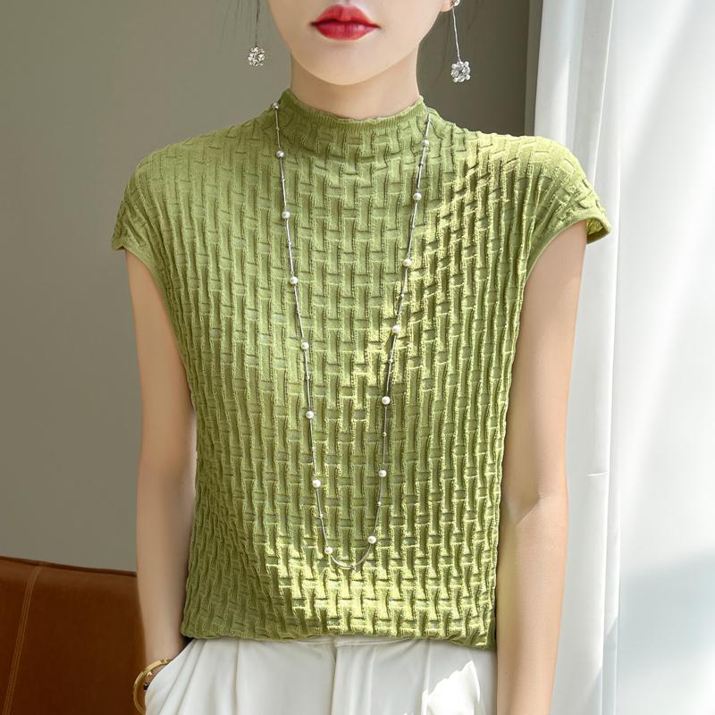 Women T-shirt Tank Summer Knitted T-shirt Short Sleeve Tees Basic Tees Knit Top Pullover Turtleneck Female