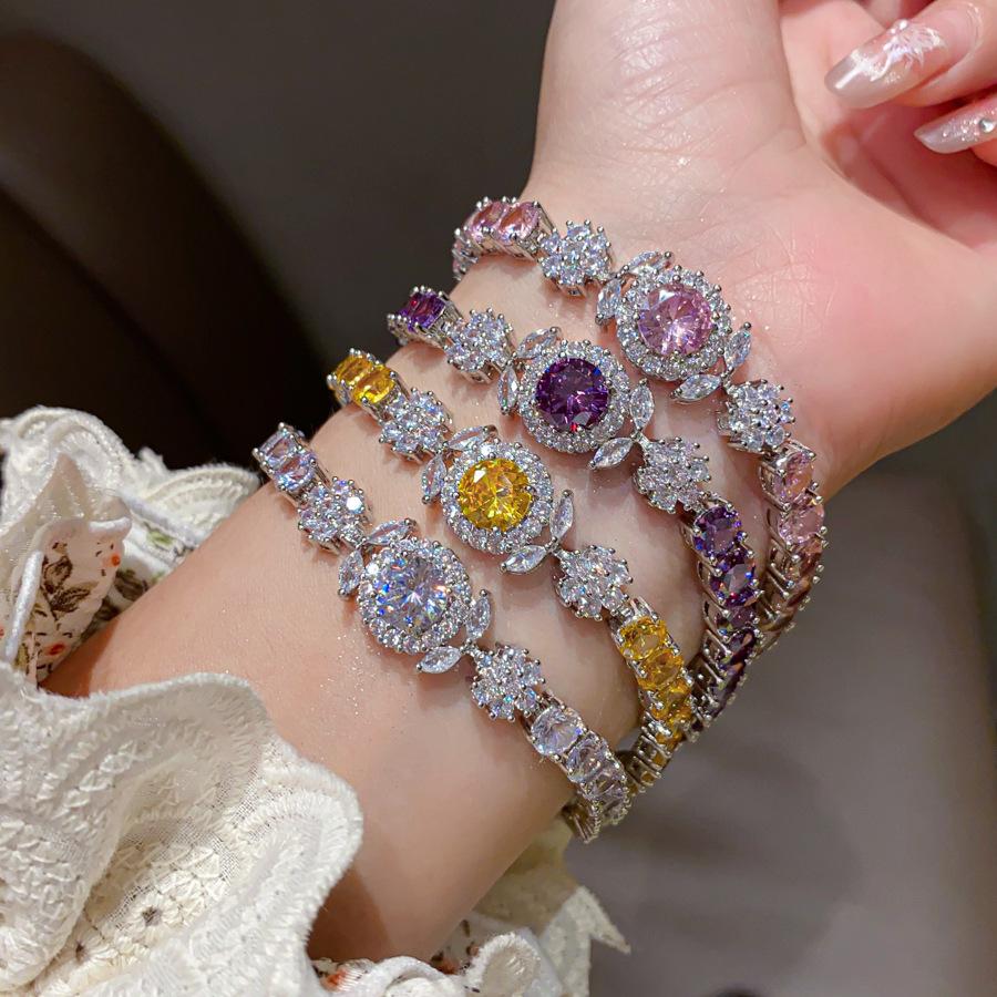 Super Sparkling Zircon Round Flower Bracelet, Light Luxury High End Bracelet, Colorful Dopamine, Exquisite Fashion, Handmade Decoration