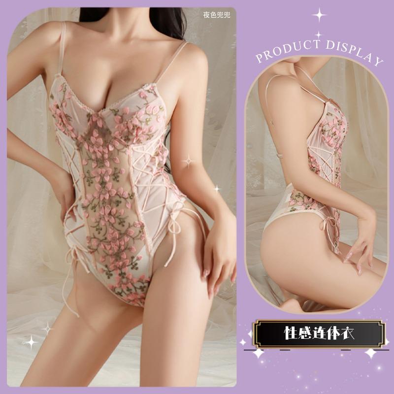 Lace Deep V Embroidery Suspender Inside with Onesie Backless Retro Floral Sexy Strap Splicing Mesh Flower