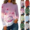 Women's Long Sleeve Knit T-Shirt with Neck and Christmas Print for Casual Wear