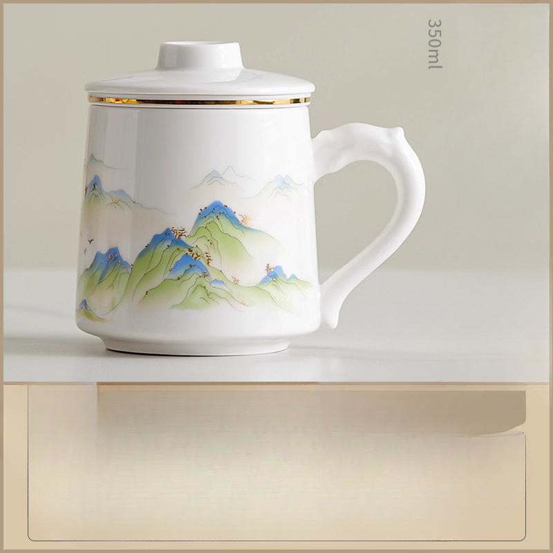 Chinese Style Pattern Tea Filtering and Separation Cup, With Cover White Porcelain Personal Mug, Home Drinkware Ceramic Cup, 1Pc