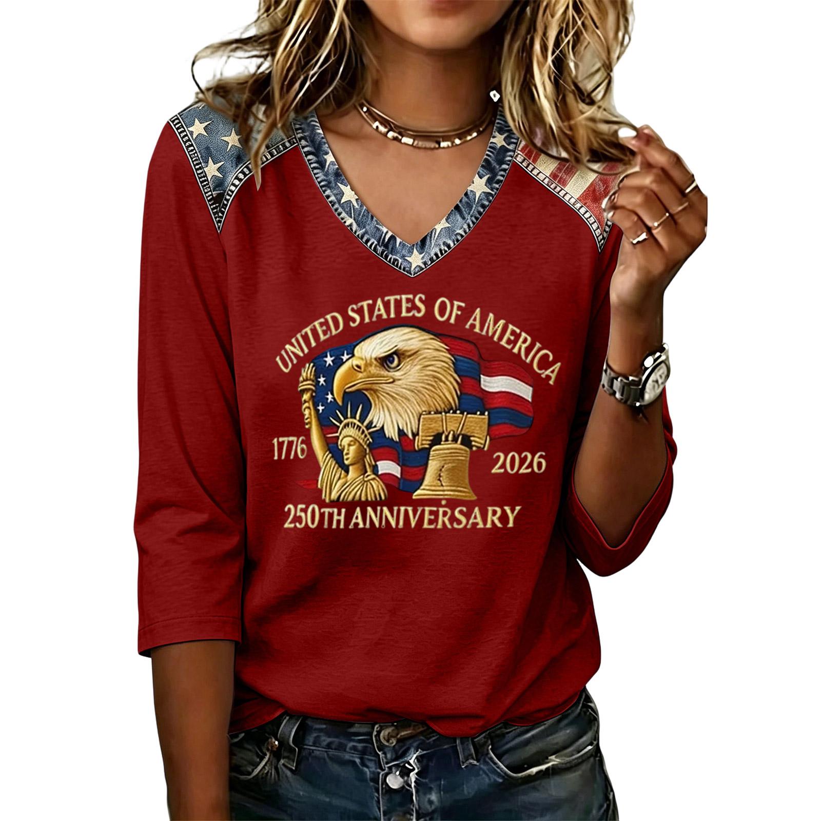 

Women V Neck Casual Top 250th Anniversary United States of America Graphic Print Liberty Eagle Statue of Liberty Design L винний