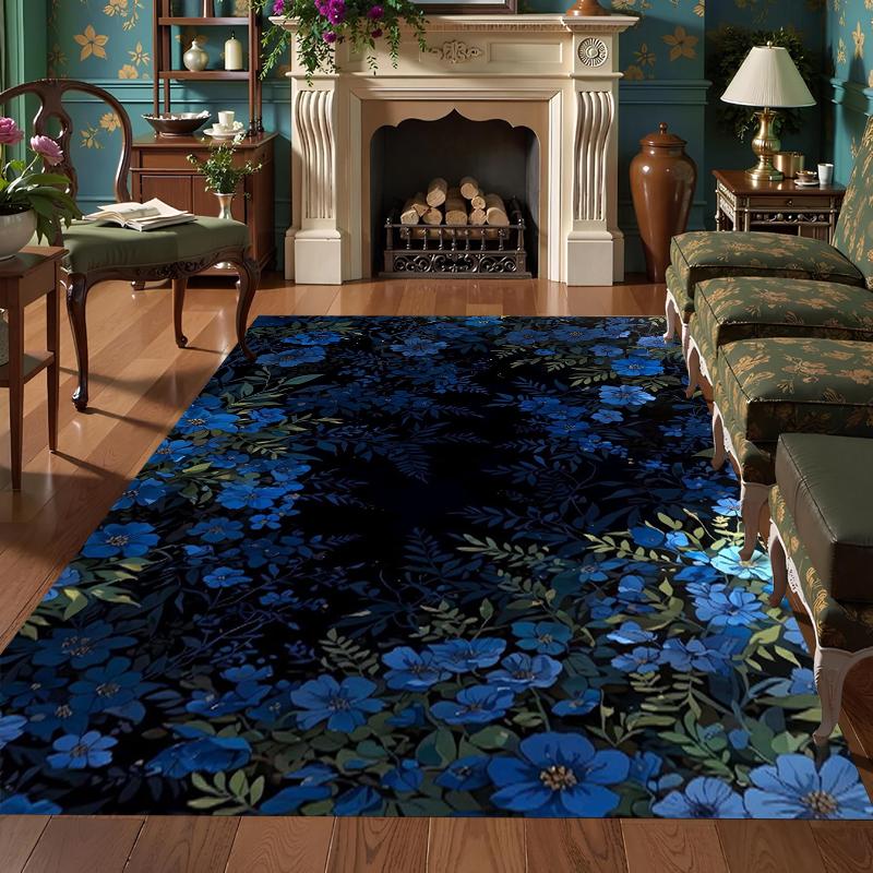 Black Blue Floral Area Rug Intricate Botanical Pattern Non-Slip Stain Resistant Carpet for Living Room Bedroom Entryway