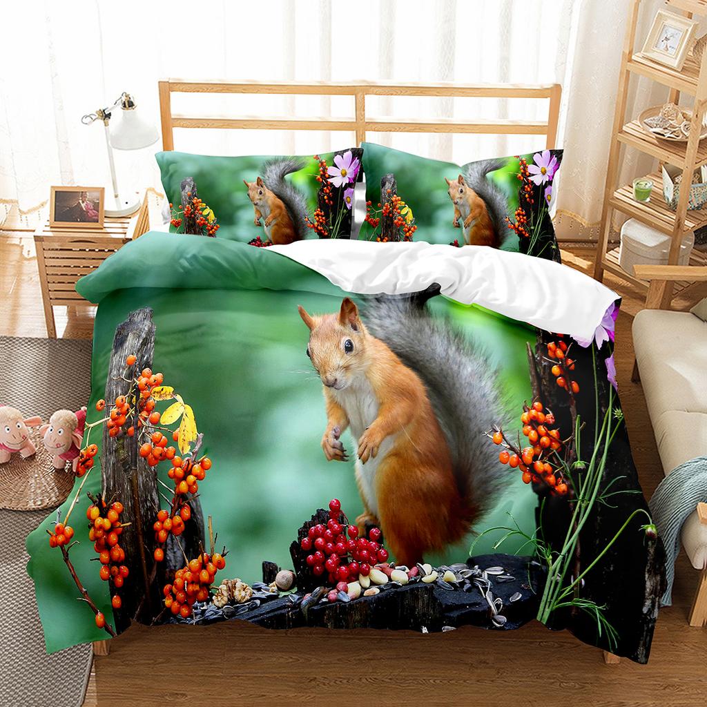 Squirrel Duvet Cover Set Cute Wild Animals Polyester Comforter Cover With Pillowcase For Kids Teen Bedroom Decor King Queen Size