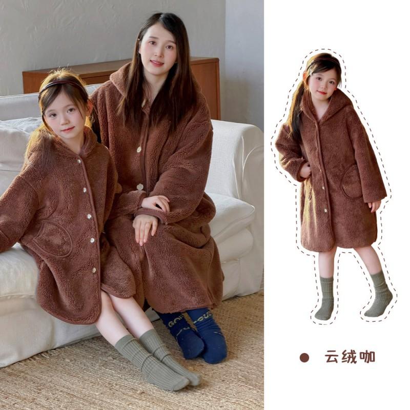 Kids Winter Warm Pajama Set Girls Boys Soft Plush Sleepwear With Hooded Robe Pants A-Class Safe Toddler Home Outfit