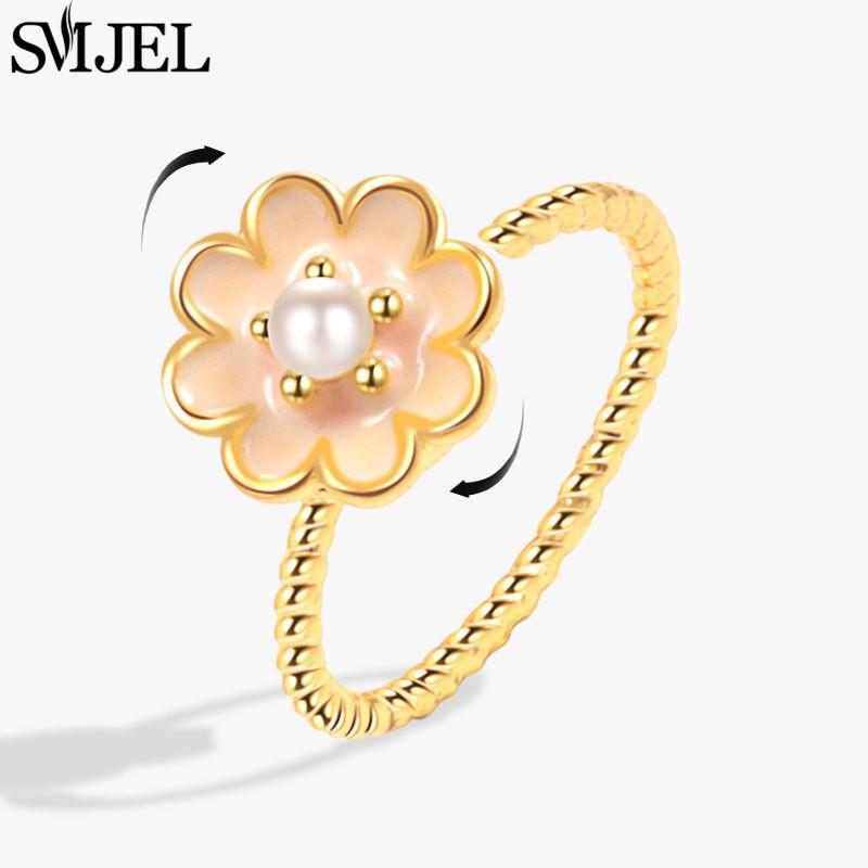 SMJEL Luxury Crystal Anxiety Relief Spinning Fidget Rings for Women Cute Sakura Daisy Rose Flower Rotating Ring Anti Stress Gift