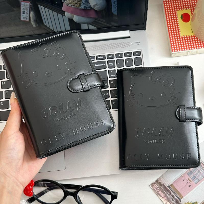 Kawaii Kitty A7 Retro Small Notebook Black Faux Leather Binder Portable Diary Set With Card Holder Student Stationery Supplies