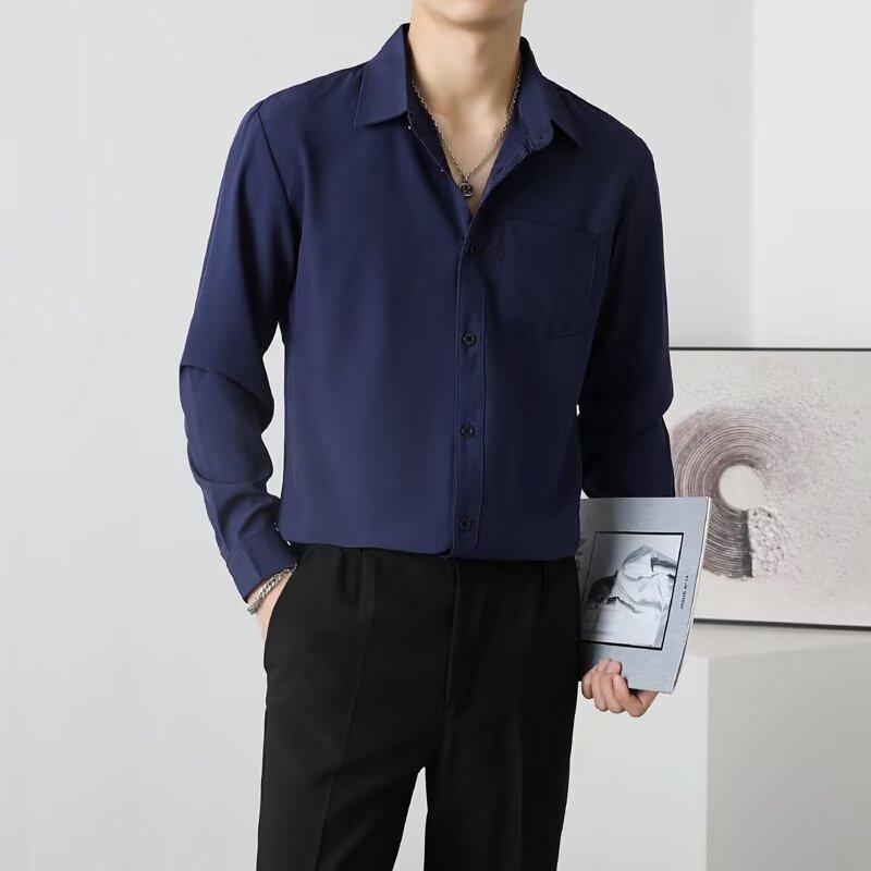 2025 İlkbahar Sonbahar Erkek Düz Renk Günlük Gömlekler Erkek Siyah Slim Fit Turn Down Yaka Gömlek Erkek İş Gömleği