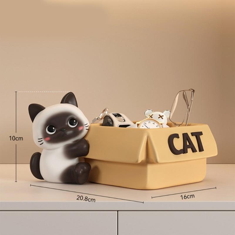 Multifunctional Resin Siamese Cats Statue Desktop Ornament for Key Storage Tray Decorative Display and Housewarming Gift
